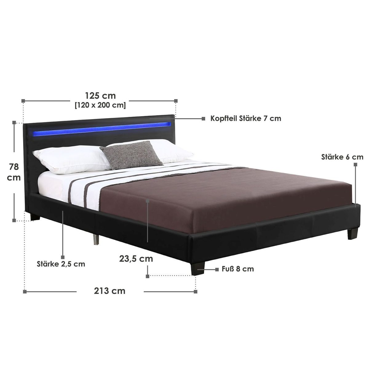 Pat tapitat cu piele ecologica Verona, iluminare LED 16 culori, telecomanda, 120 x 200 cm, negru - imagine 7