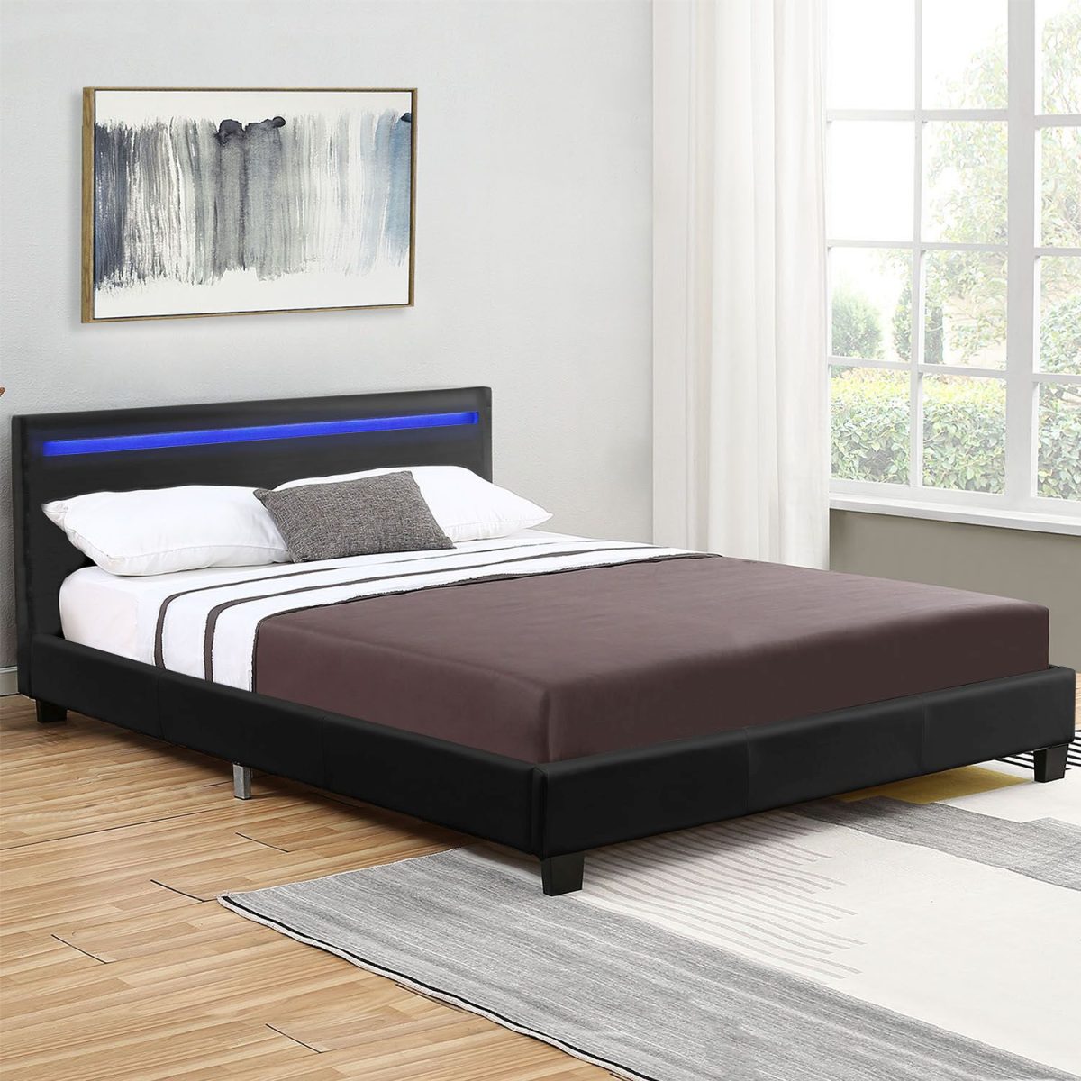 Pat tapitat cu piele ecologica Verona, iluminare LED 16 culori, telecomanda, 120 x 200 cm, negru - imagine 2