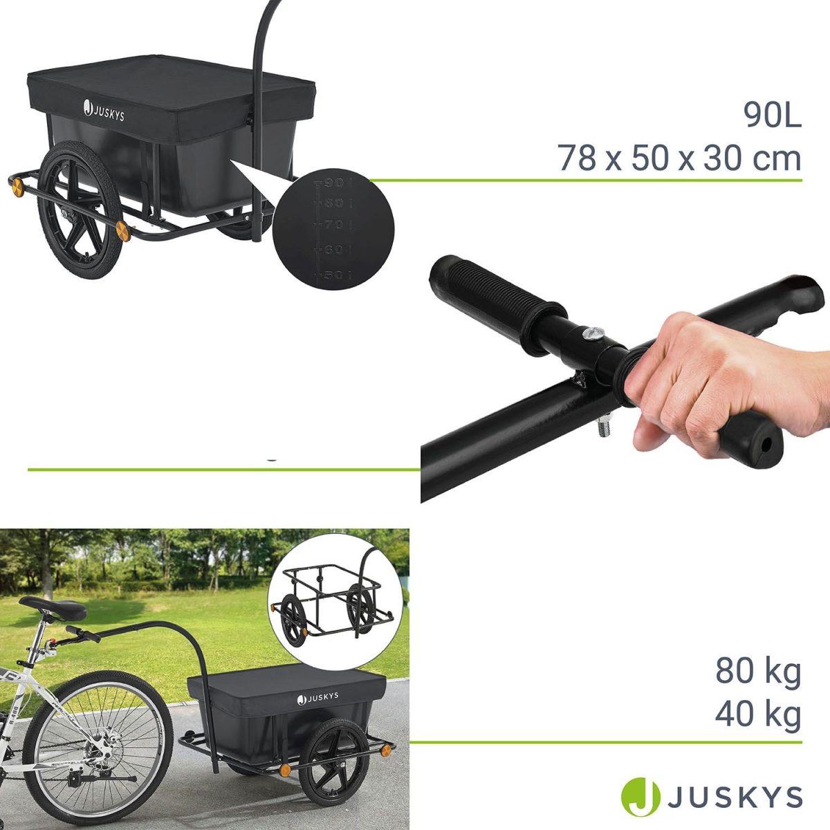 Remorca bicicleta pentru marfuri/ 6 elemente reflectorizante atasate, negru,Juskys - imagine 3