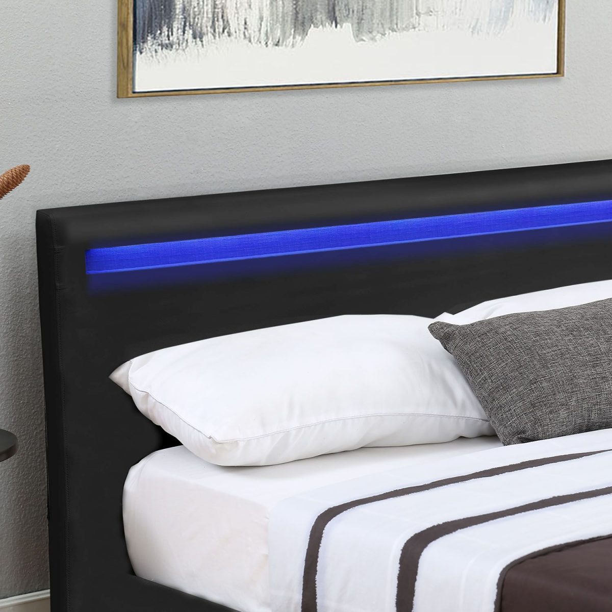 Pat tapitat cu piele ecologica Verona, iluminare LED 16 culori, telecomanda, 120 x 200 cm, negru - imagine 4