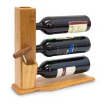 Suport vin Relaxdays pentru 3 sticle, bambus, cu suport pentru tirbuson, 32 x 34 x 12 cm