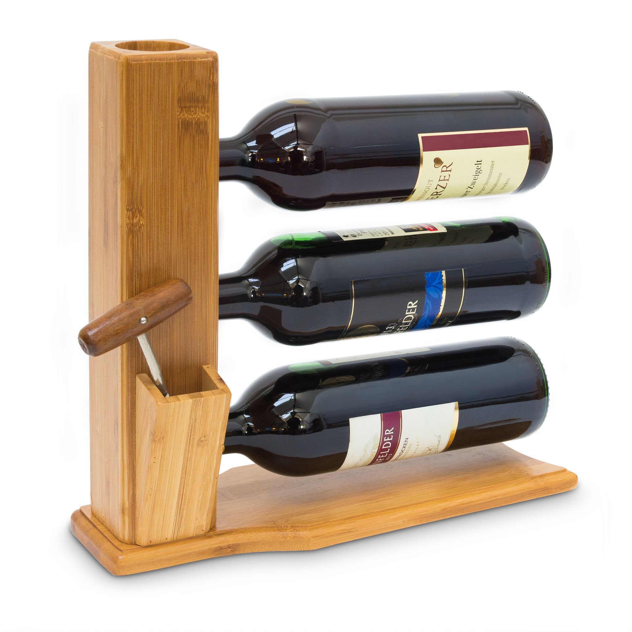Suport vin Relaxdays pentru 3 sticle, bambus, cu suport pentru tirbuson, 32 x 34 x 12 cm