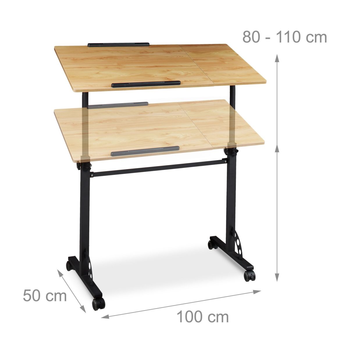 Masa stand laptop multifunctionala, tip birou, inaltime reglabila 80-110 cm, blat din MDF, natur, 100 x 50 cm - imagine 3