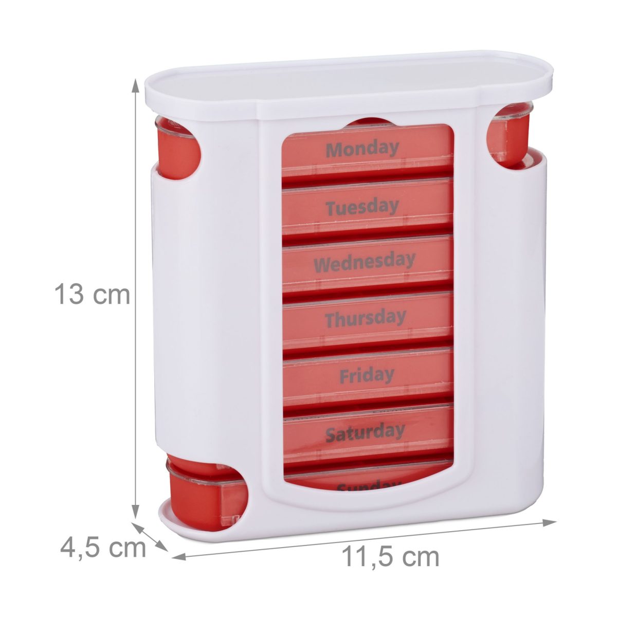 Cutie pastile, organizator medicamente saptamanal Relaxdays, recipiente detasabile cu 4 compartimente, alb/rosu 13 x 11.5 x 4.5 cm - imagine 2