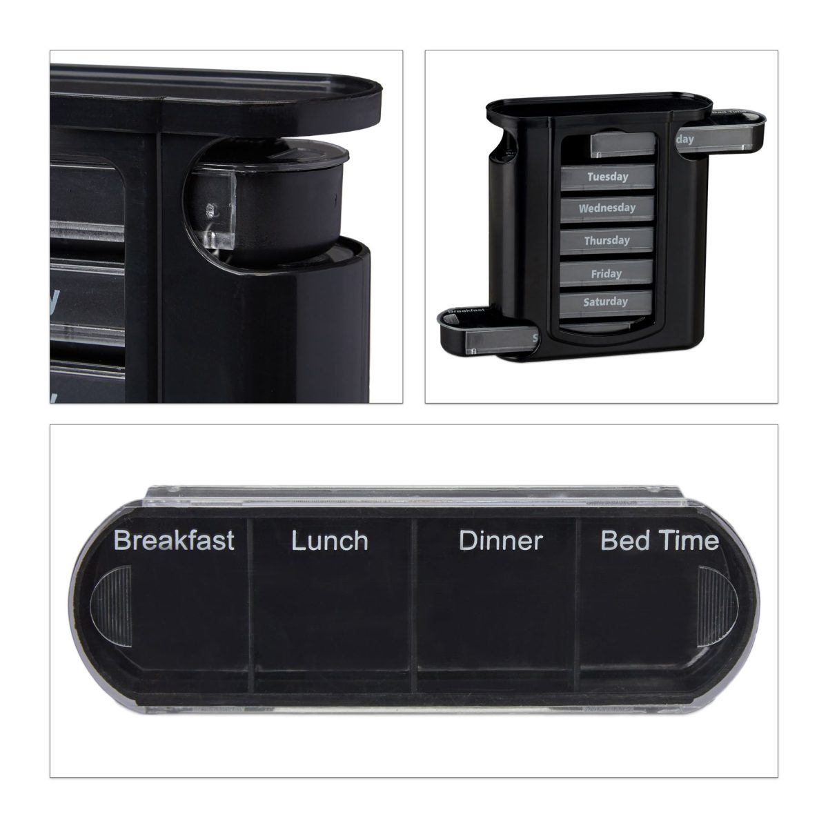 Cutie pastile, organizator medicamente saptamanal Relaxdays, recipiente detasabile cu 4 compartimente, alb/negru, 13 x 11.5 x 4.5 cm - imagine 4