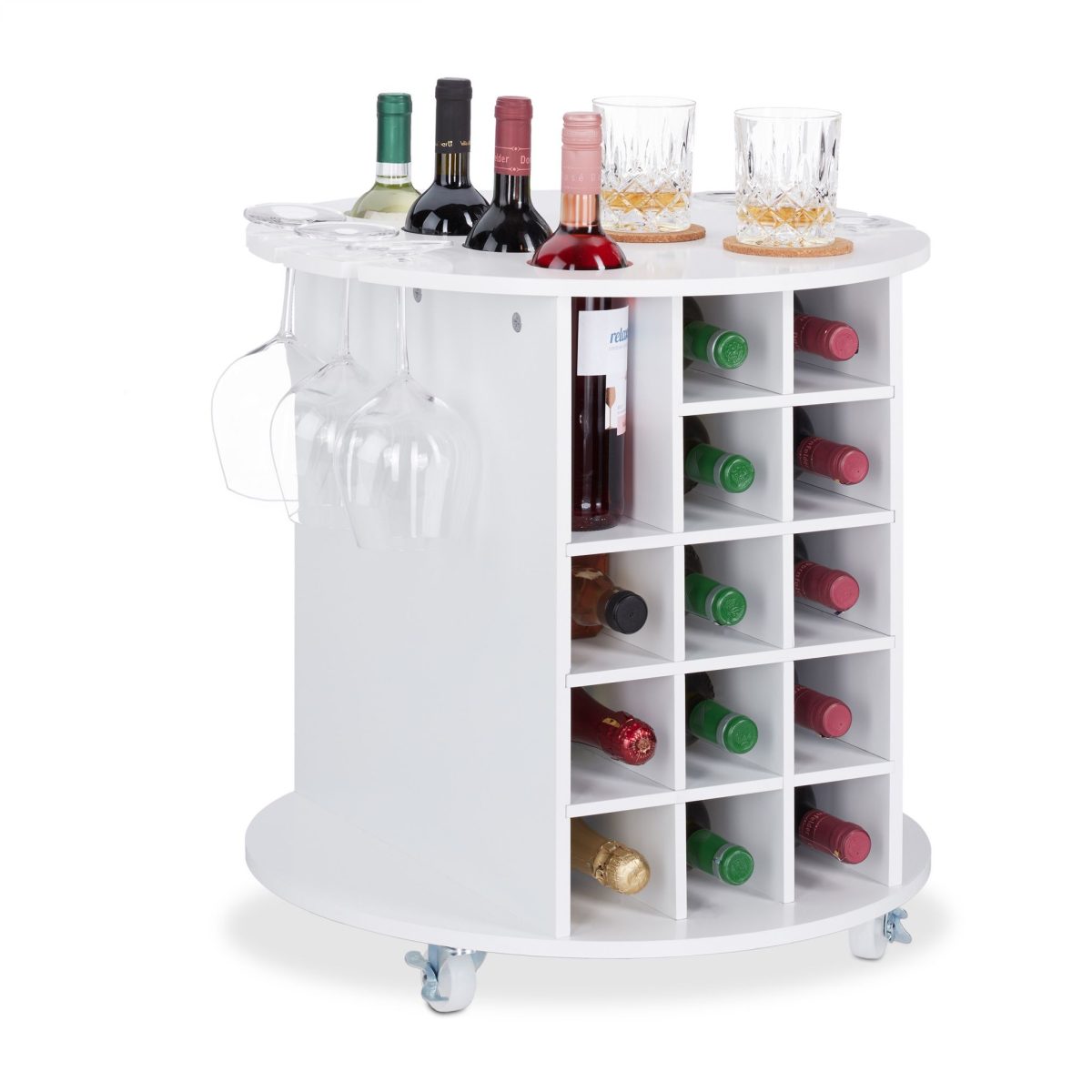 Suport sticle de vin, Relaxdays, alb, din MDF, pentru 17 sticle, cu suport pentru pahare si masuta pentru servire, 56 x 54 cm - imagine 2
