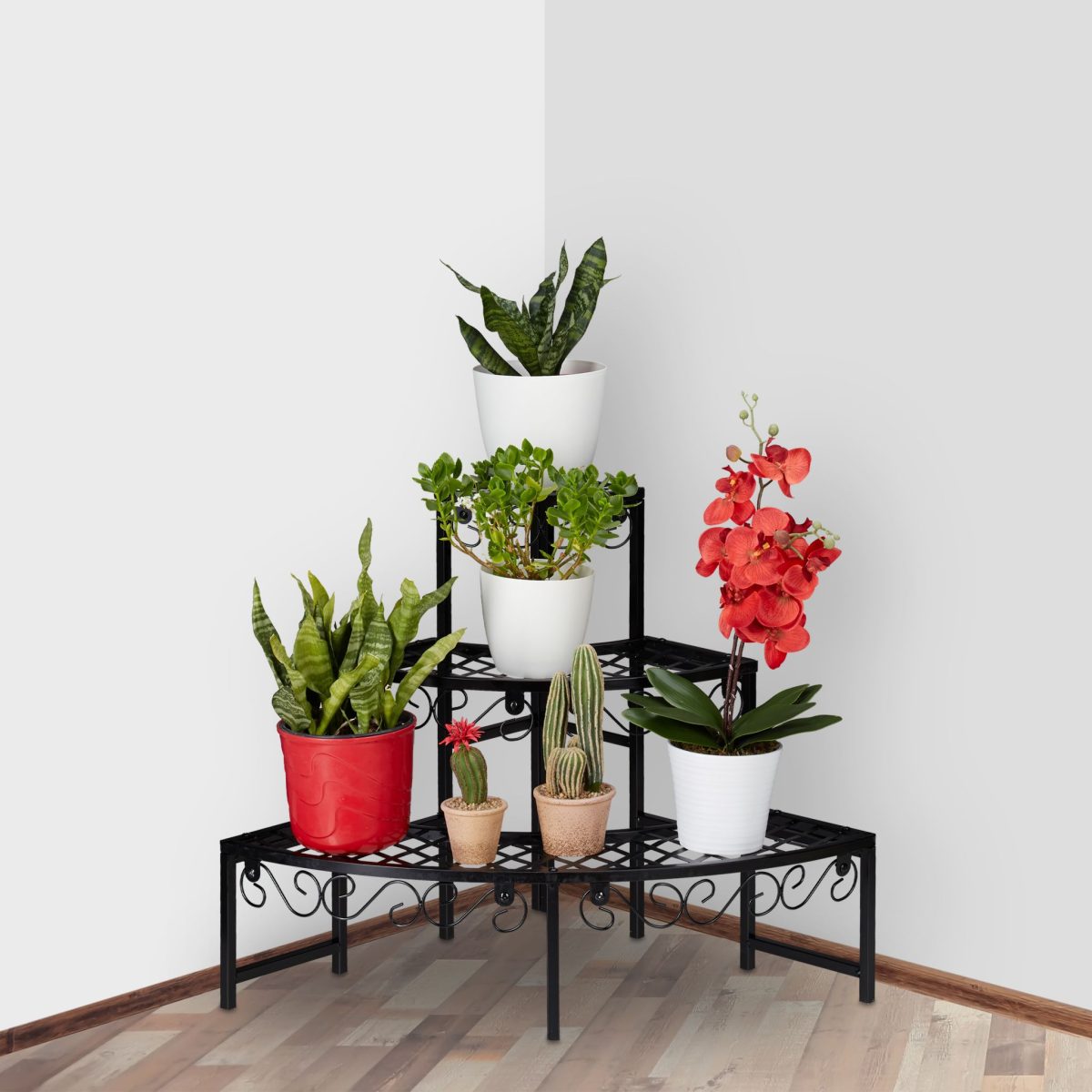 Raft metalic pentru flori, 3 trepte, interior/exterior, negru, 62 x 83 x 57 cm - imagine 5