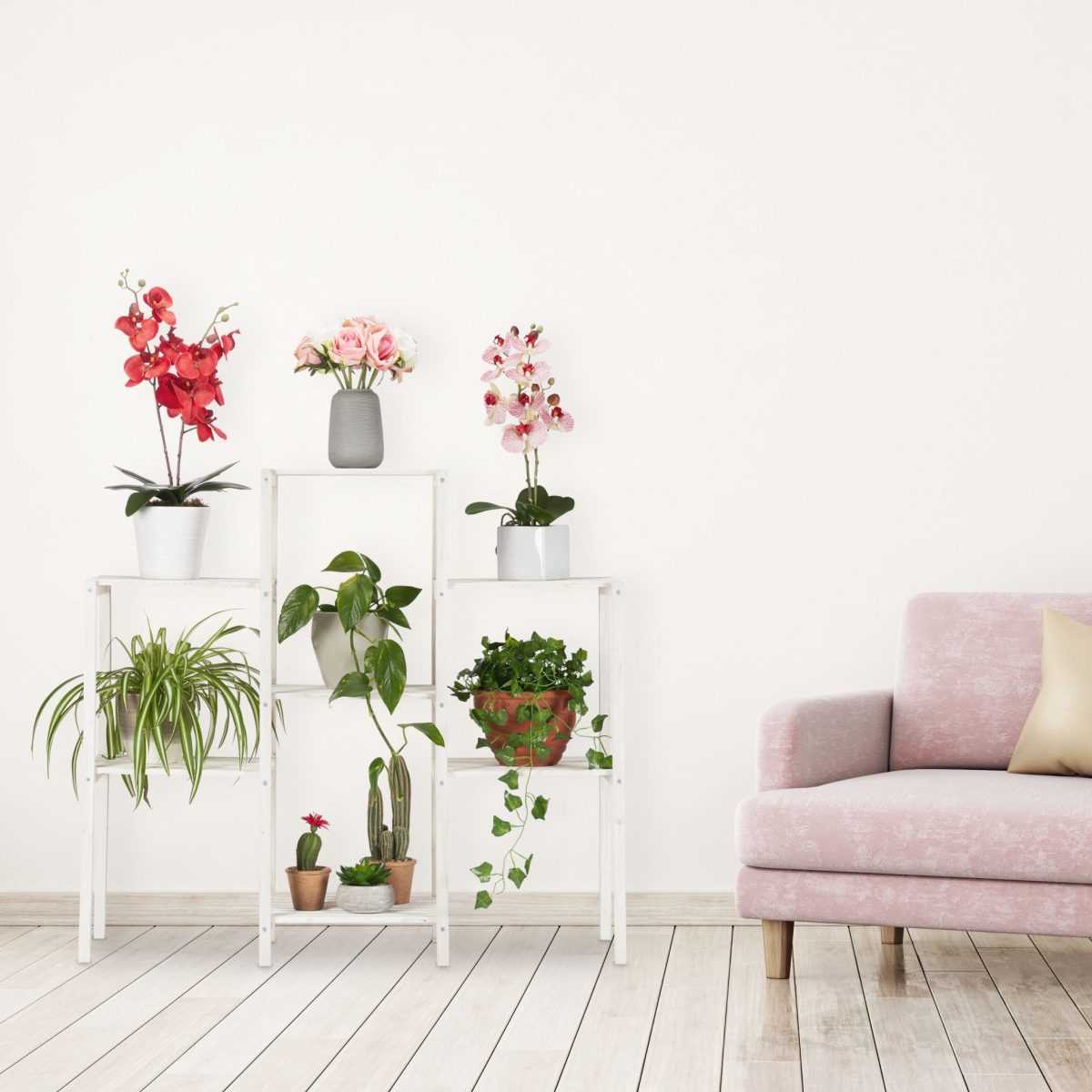 Stand de flori din lemn cu 6 etajere, alb, 86,5 x 95 x 29,5 cm - imagine 2