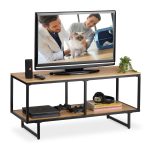 Comoda TV Relaxdays, tip industrial, cadru metalic negru, blat MDF, natur, 50.5 x 110.5 x 45.5 cm