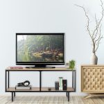 Comoda TV Relaxdays, tip industrial, cadru metalic negru, blat MDF, natur, 50.5 x 110.5 x 45.5 cm - imagine 2