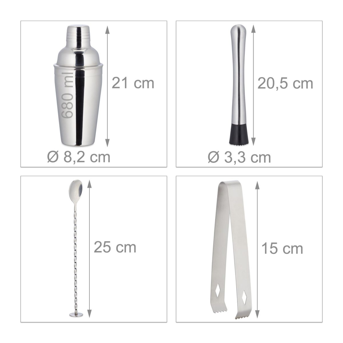 Set cocktail profesional Relaxdays, din inox, suport din bambus, 11 piese - imagine 4