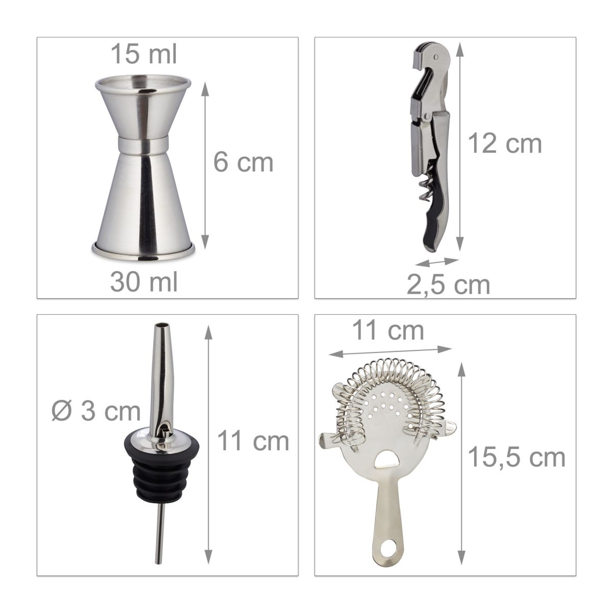 Set cocktail profesional Relaxdays, din inox, suport din bambus, 11 piese - imagine 6