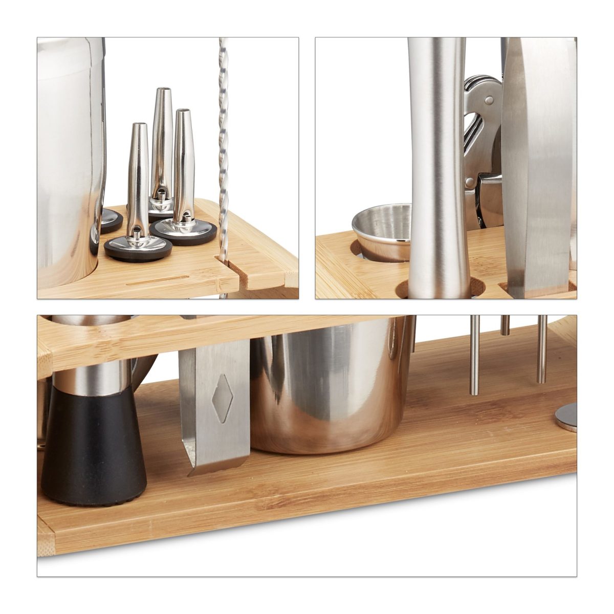 Set cocktail profesional Relaxdays, din inox, suport din bambus, 11 piese - imagine 7