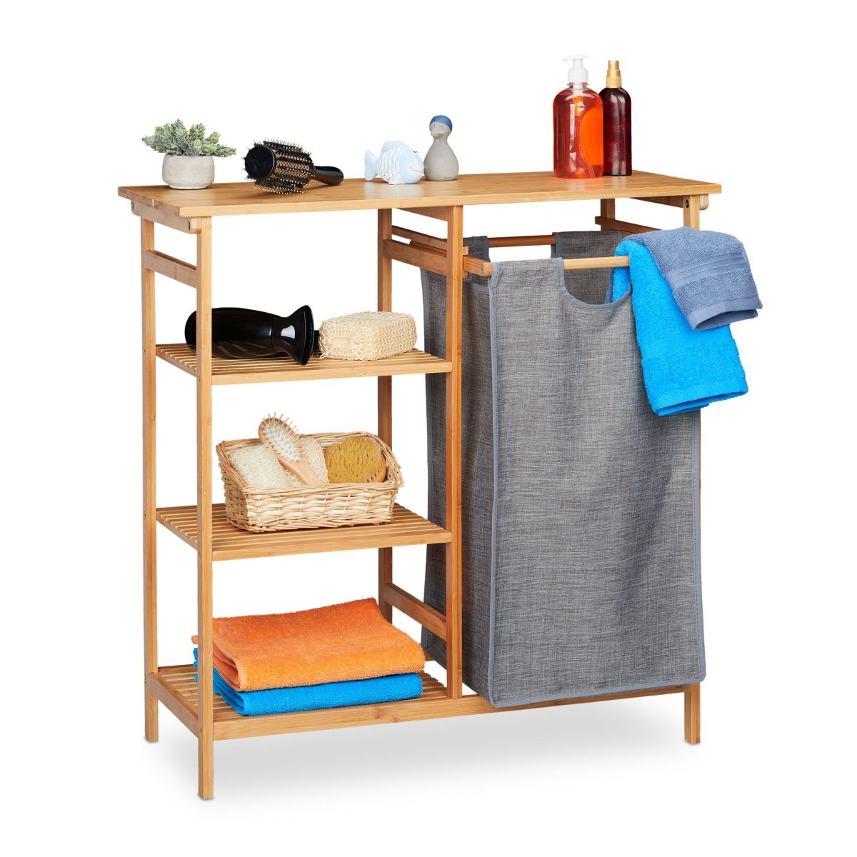 Raft organizare si cos rufe 50 l, Relaxdays, 5 compartimente, bambus, natur, 80.5 x 80 x 33.5 cm - imagine 4