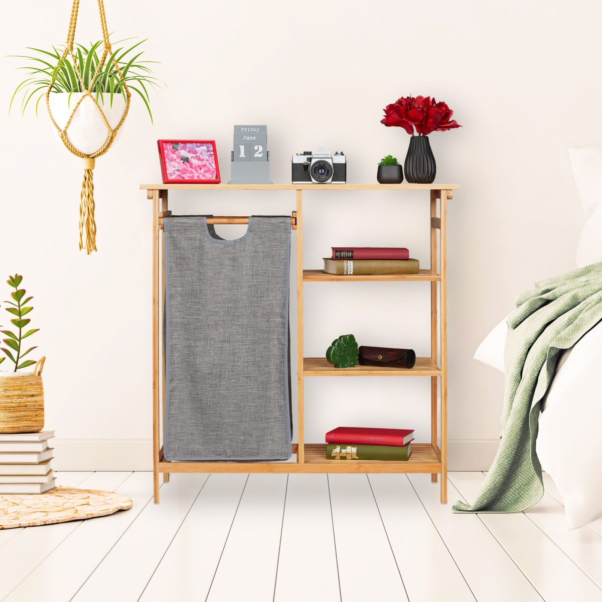 Raft organizare si cos rufe 50 l, Relaxdays, 5 compartimente, bambus, natur, 80.5 x 80 x 33.5 cm - imagine 8