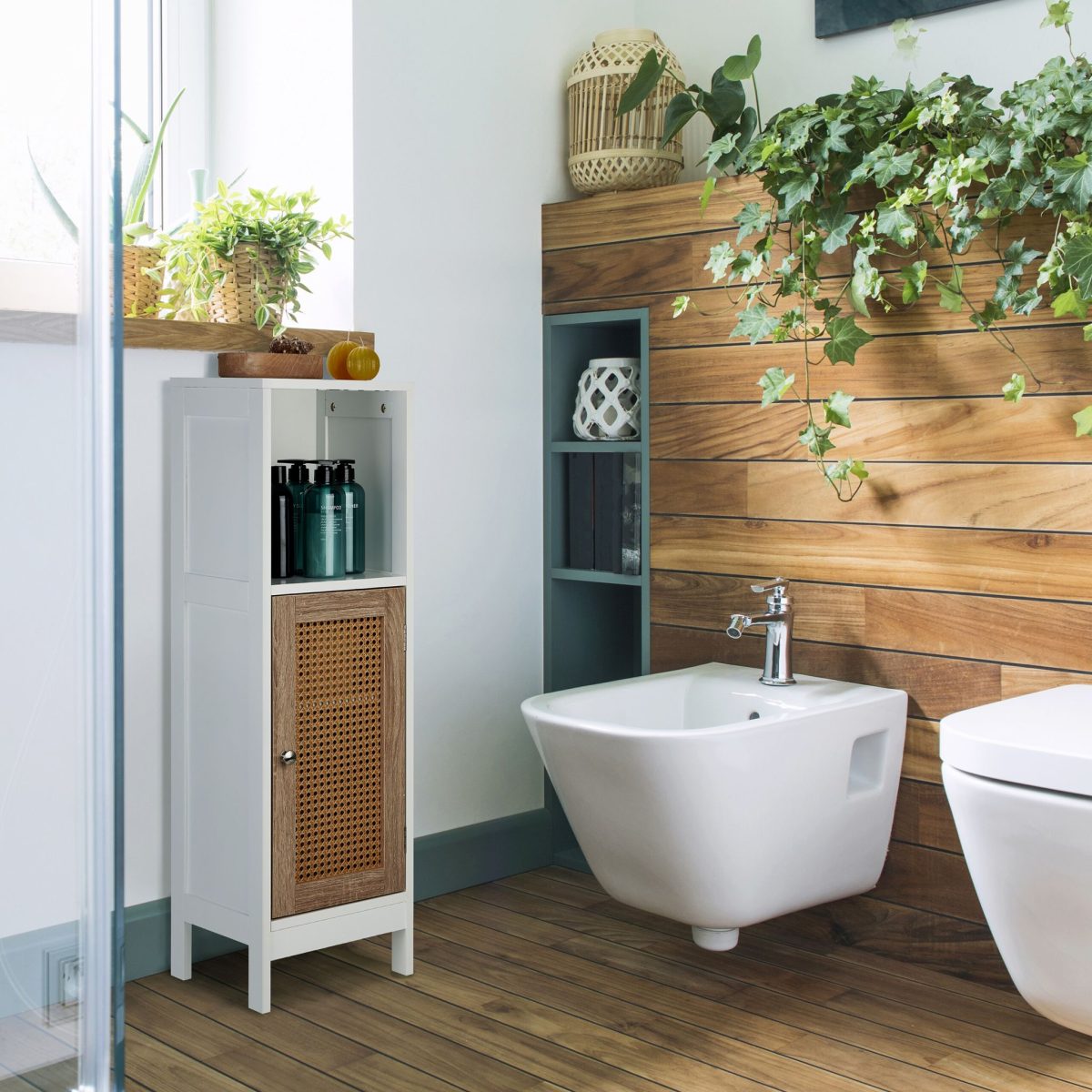 Dulap baie, 3 rafturi de depozitare, din MDF, 96,5 x 30 x 30 cm, maro/alb - imagine 2
