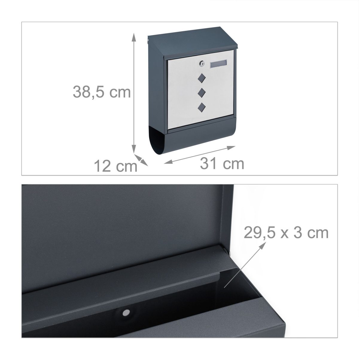 Cutie postala exterior, otel, spatiu ziare, argintiu/antracit, 38,5 x 31 x 12 cm - imagine 4