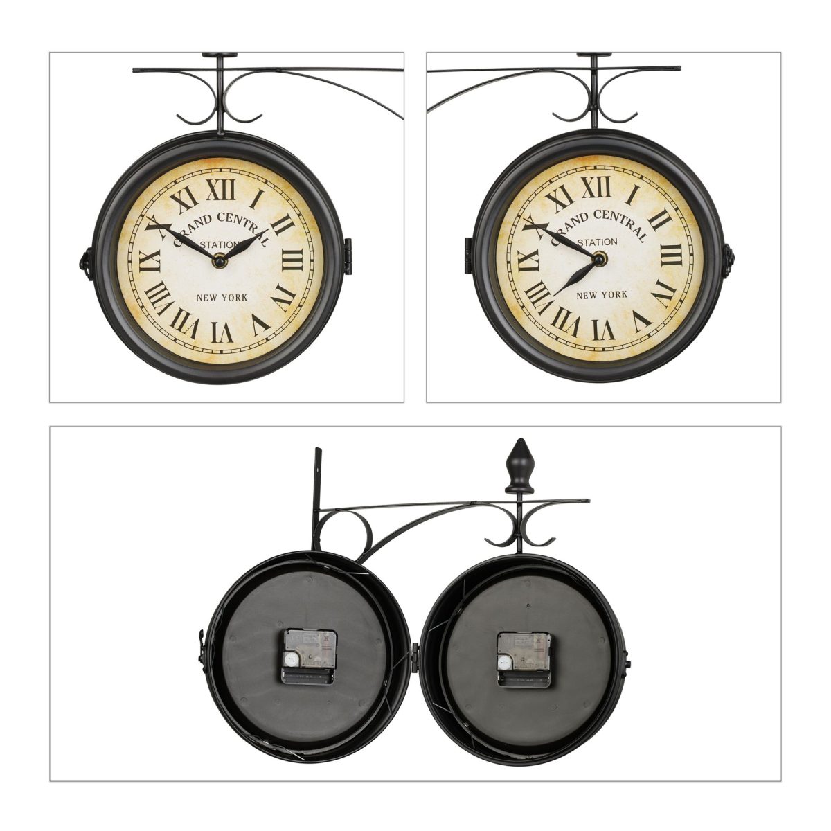 Ceas de perete, design Retro, 2 fete, cu cifre romane, 33 x 34 x 10 cm, negru - imagine 6
