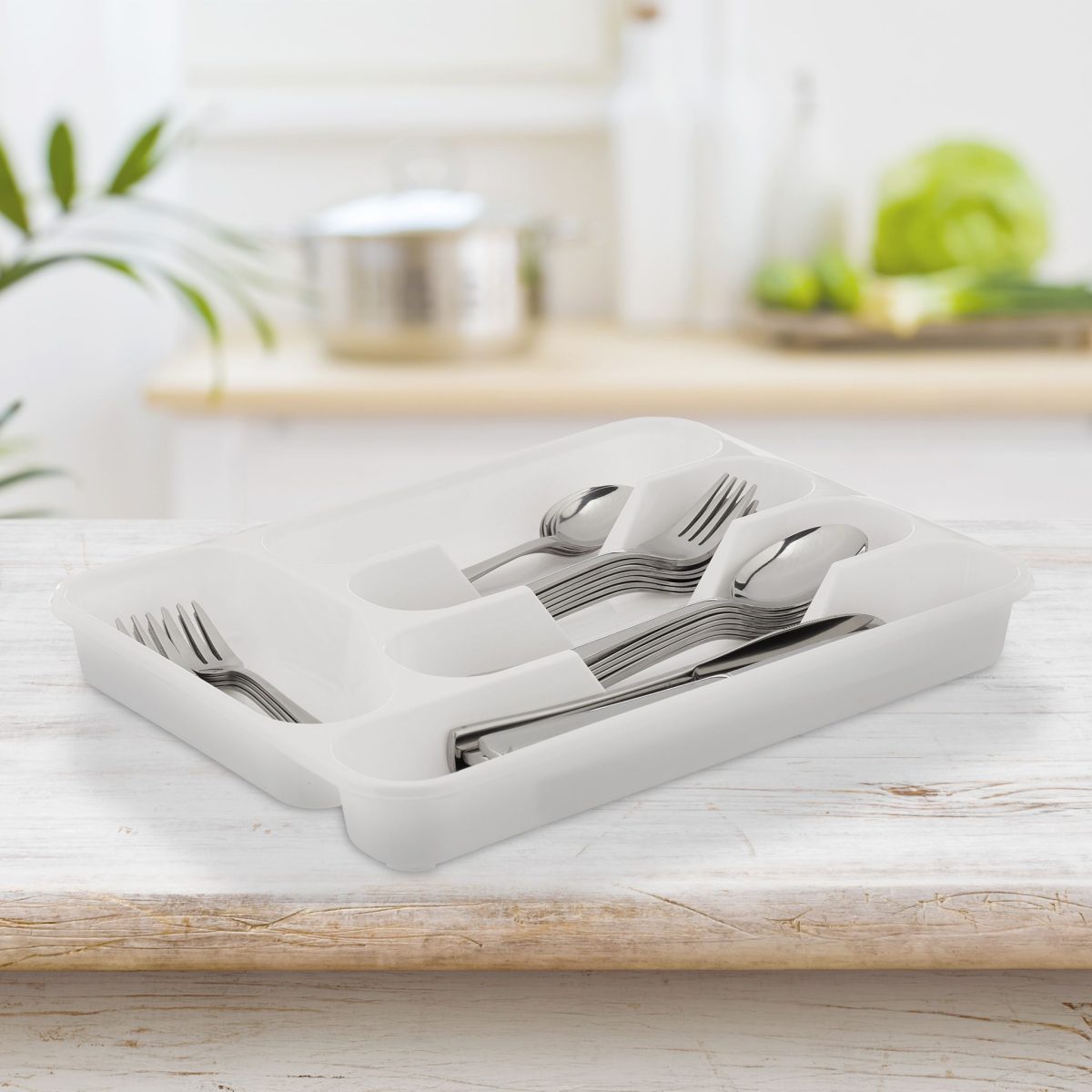 Set 2 organizatoare tacamuri, 5 compartimente, din plastic, design alb - imagine 2