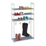 Suport cu 4 rafturi pentru pantofi, Relaxdays, 4 agatatori, dimensiuni 119 x 60 x 30 cm, capacitate 16 perechi pantofi, gri