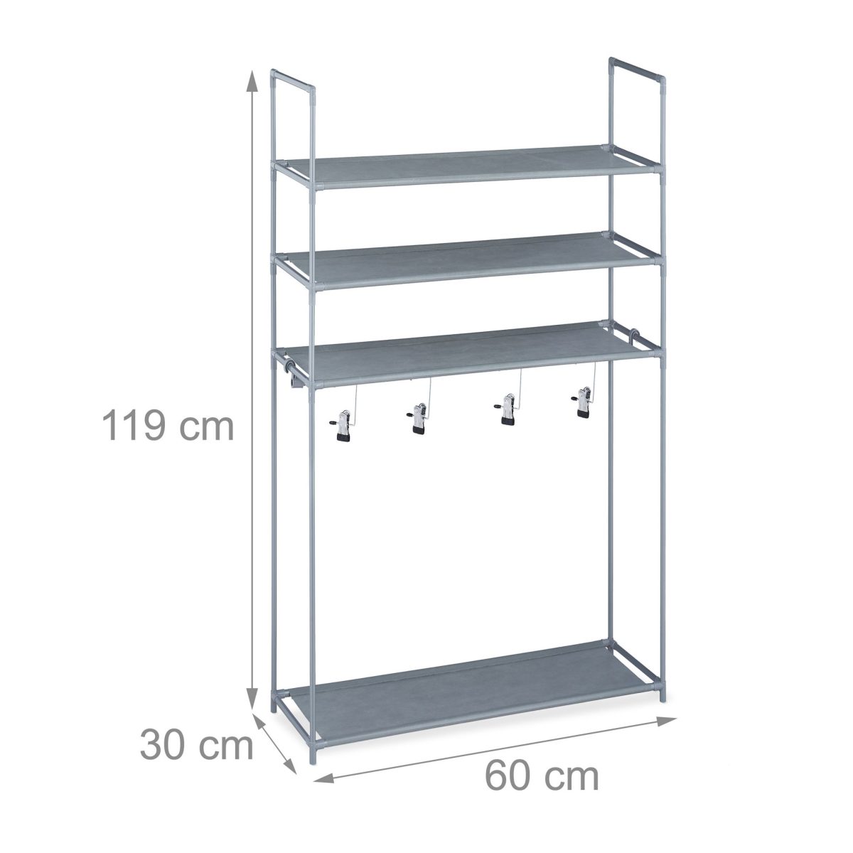 Suport cu 4 rafturi pentru pantofi, Relaxdays, 4 agatatori, dimensiuni 119 x 60 x 30 cm, capacitate 16 perechi pantofi, gri - imagine 4
