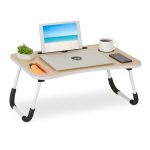 Masa de laptop multifunctionala, suport tableta/telefon/cana sau pahar, pliabila,  26 x 63 x 40 cm, maro deschis