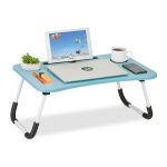 Masa de laptop multifunctionala, suport tableta/telefon/cana sau pahar, pliabila,  26 x 63 x 40 cm, albastru