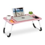 Masa de laptop multifunctionala, suport tableta/telefon/cana sau pahar, pliabila,  26 x 63 x 40 cm, roz