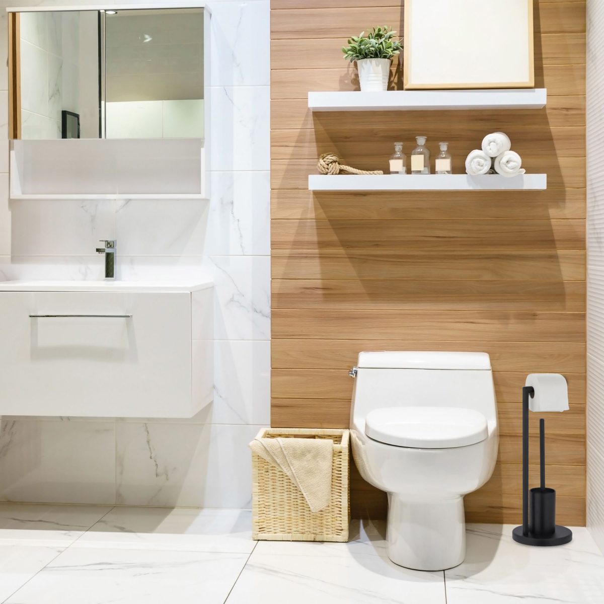 Set suport hartie igienica si perie toaleta, otel, design modern, 53 x 20,5 cm, negru - imagine 5