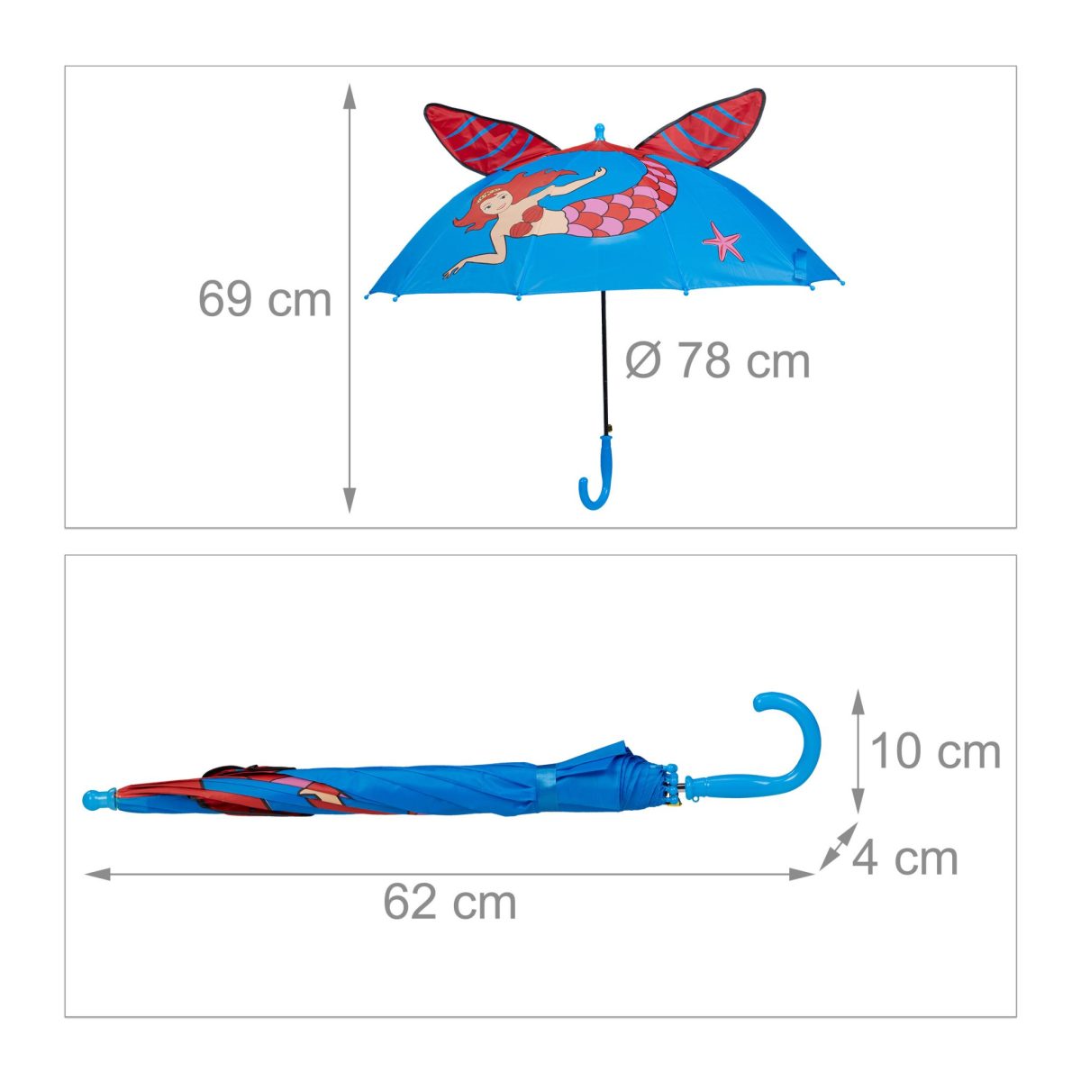 Umbrelă pentru copii, model sirena, 69 x 78 cm, albastru/rosu - imagine 5