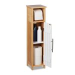Dulap baie cu suport hartie igienica, 2 rafturi de depozitare, MDF/bambus, 71 x 18 x 20 cm, alb/maro