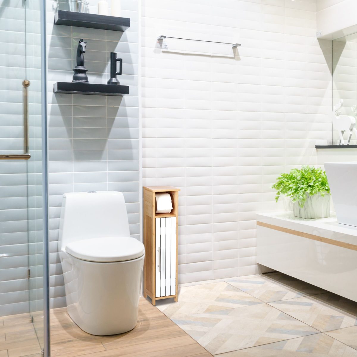 Dulap baie cu suport hartie igienica, 2 rafturi de depozitare, MDF/bambus, 71 x 18 x 20 cm, alb/maro - imagine 2
