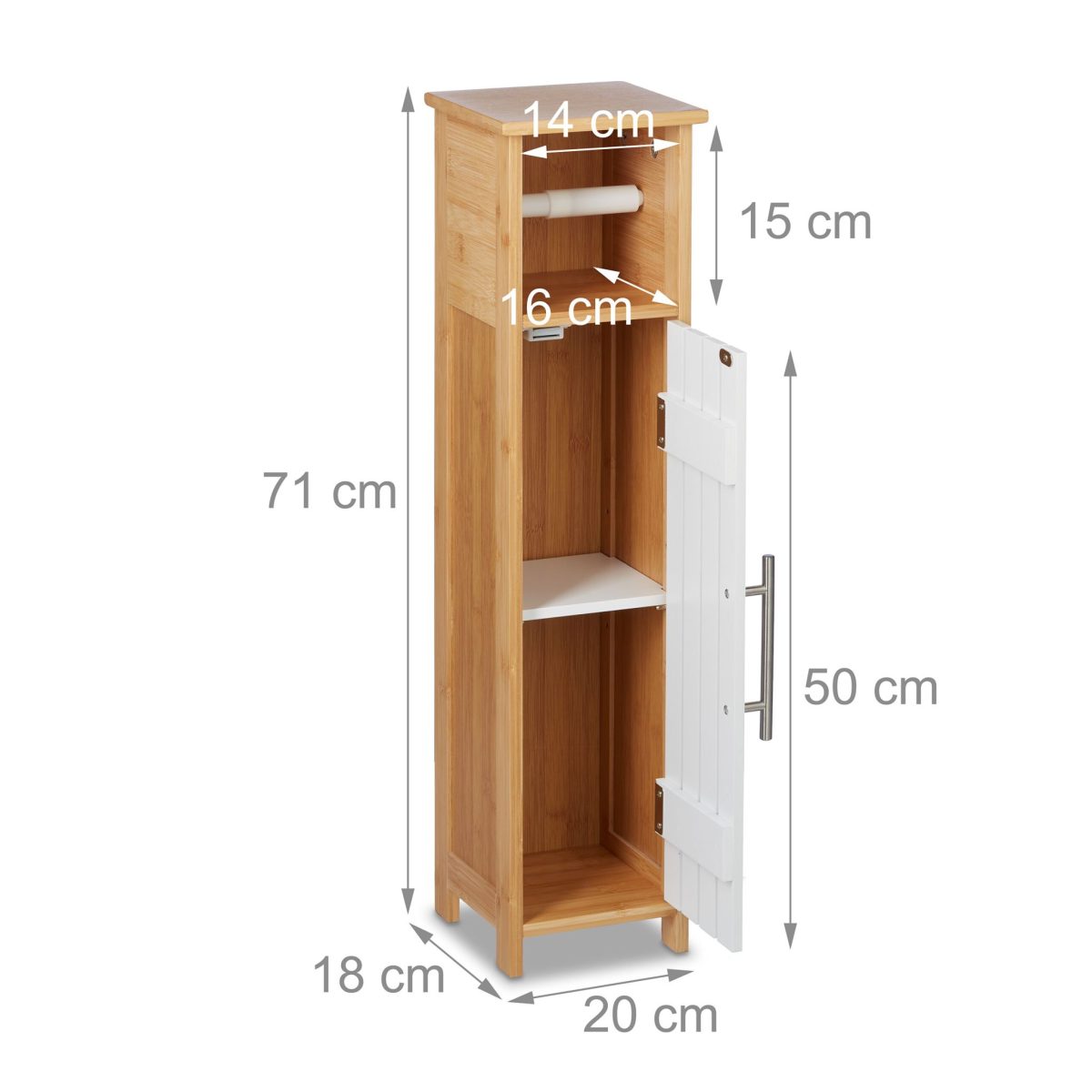 Dulap baie cu suport hartie igienica, 2 rafturi de depozitare, MDF/bambus, 71 x 18 x 20 cm, alb/maro - imagine 4