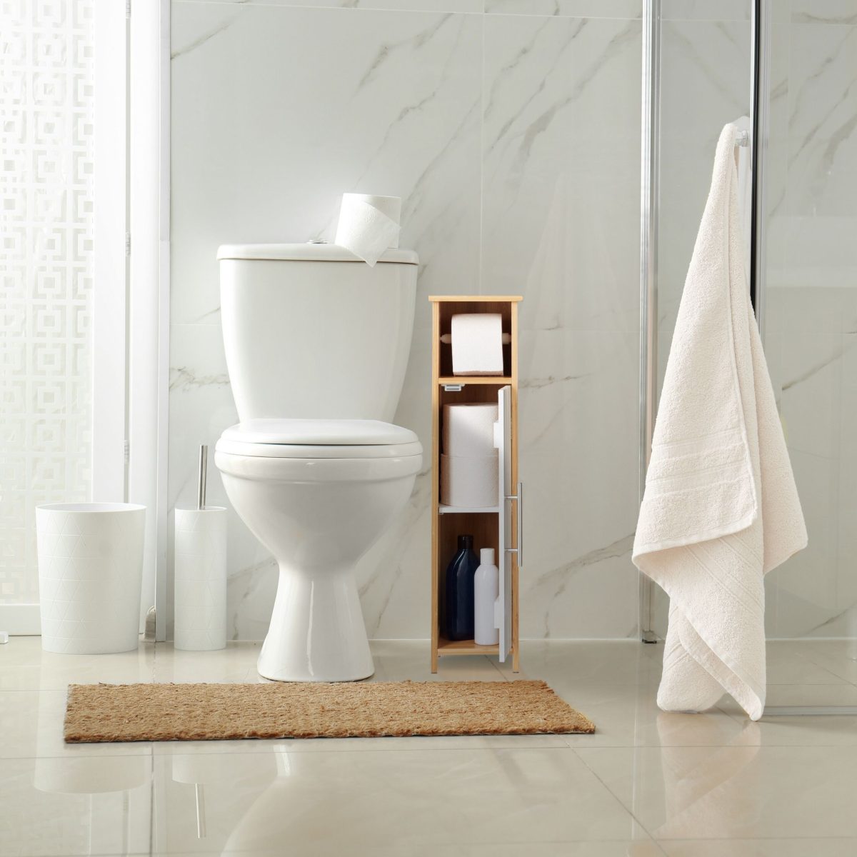 Dulap baie cu suport hartie igienica, 2 rafturi de depozitare, MDF/bambus, 71 x 18 x 20 cm, alb/maro - imagine 5