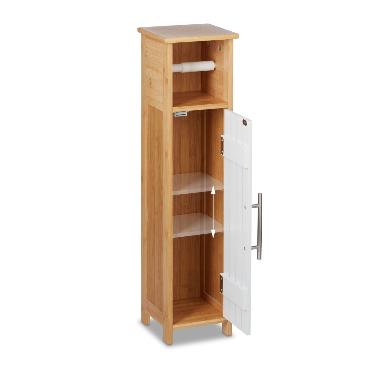 Dulap baie cu suport hartie igienica, 2 rafturi de depozitare, MDF/bambus, 71 x 18 x 20 cm, alb/maro - imagine 6