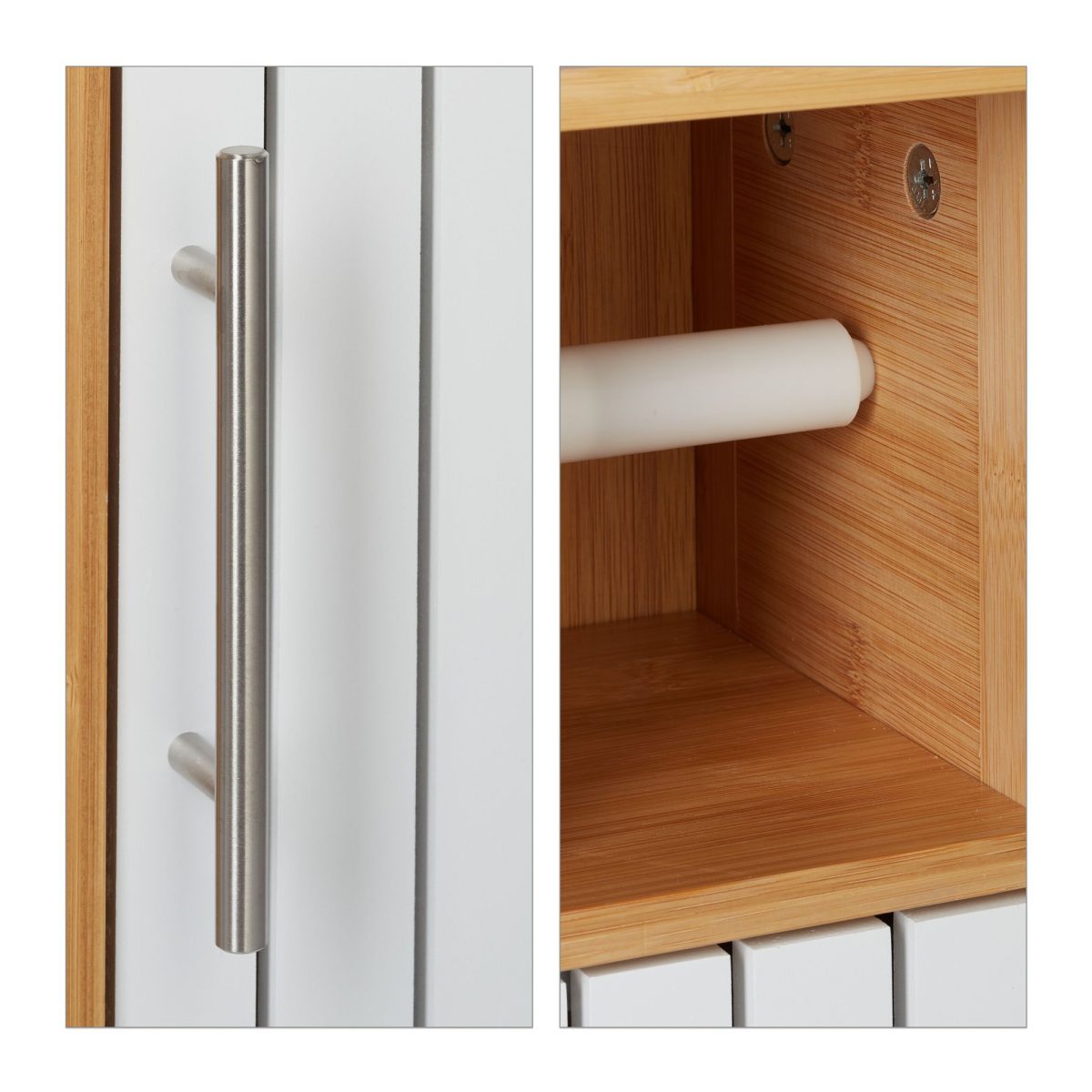 Dulap baie cu suport hartie igienica, 2 rafturi de depozitare, MDF/bambus, 71 x 18 x 20 cm, alb/maro - imagine 7