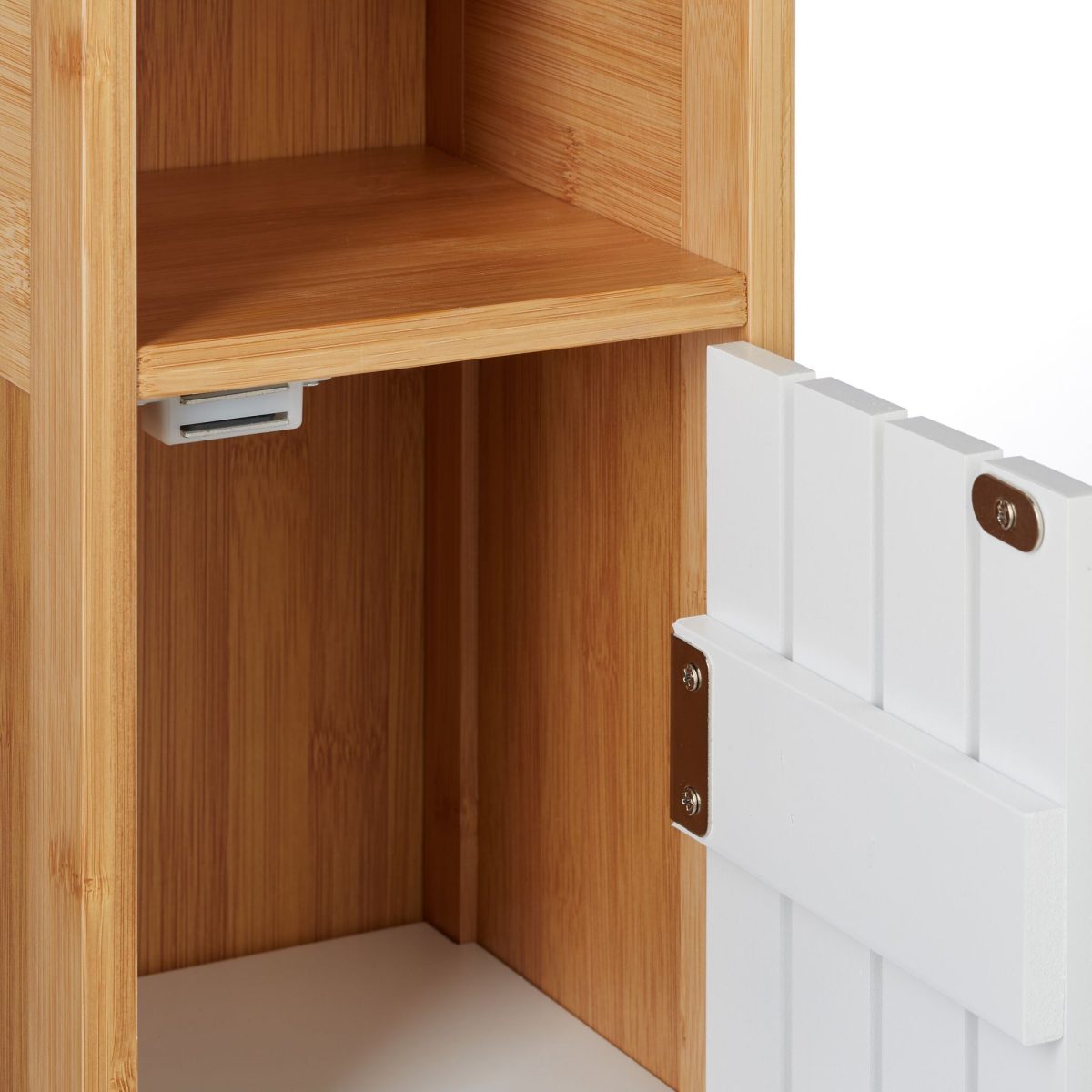 Dulap baie cu suport hartie igienica, 2 rafturi de depozitare, MDF/bambus, 71 x 18 x 20 cm, alb/maro - imagine 8