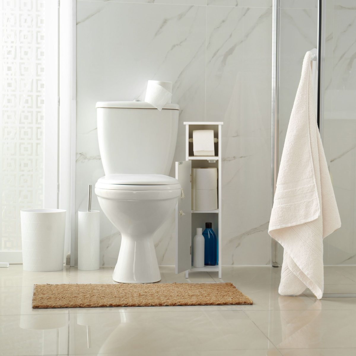 Dulap baie cu suport hartie igienica, 2 rafturi de depozitare, MDF,  71 x 18 x 20 cm, alb - imagine 5