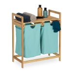 Cos de rufe, 2 compartimente si raft superior, bambus/bumbac, 73 x 64 x 33 cm, natur/albastru