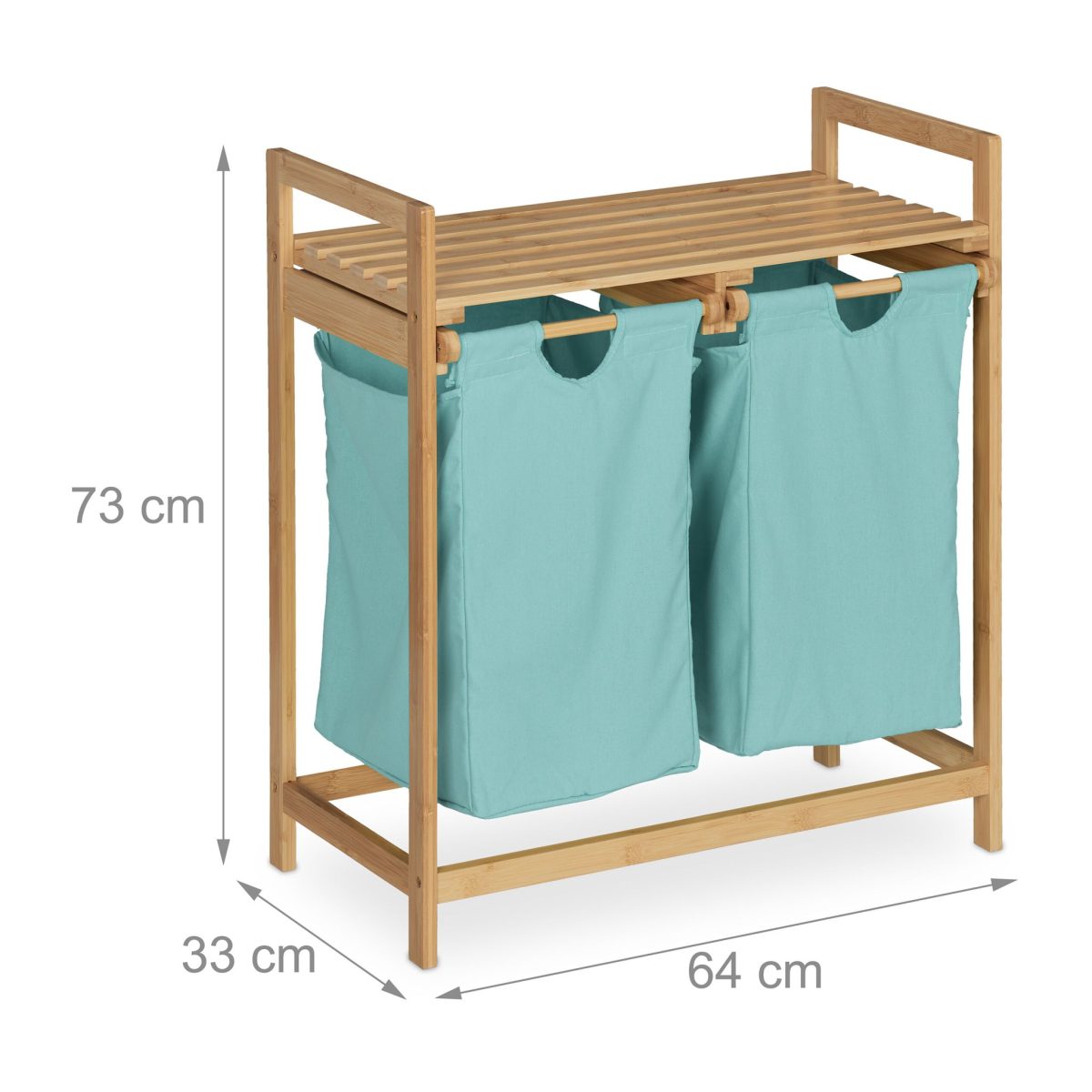Cos de rufe, 2 compartimente si raft superior, bambus/bumbac, 73 x 64 x 33 cm, natur/albastru - imagine 4