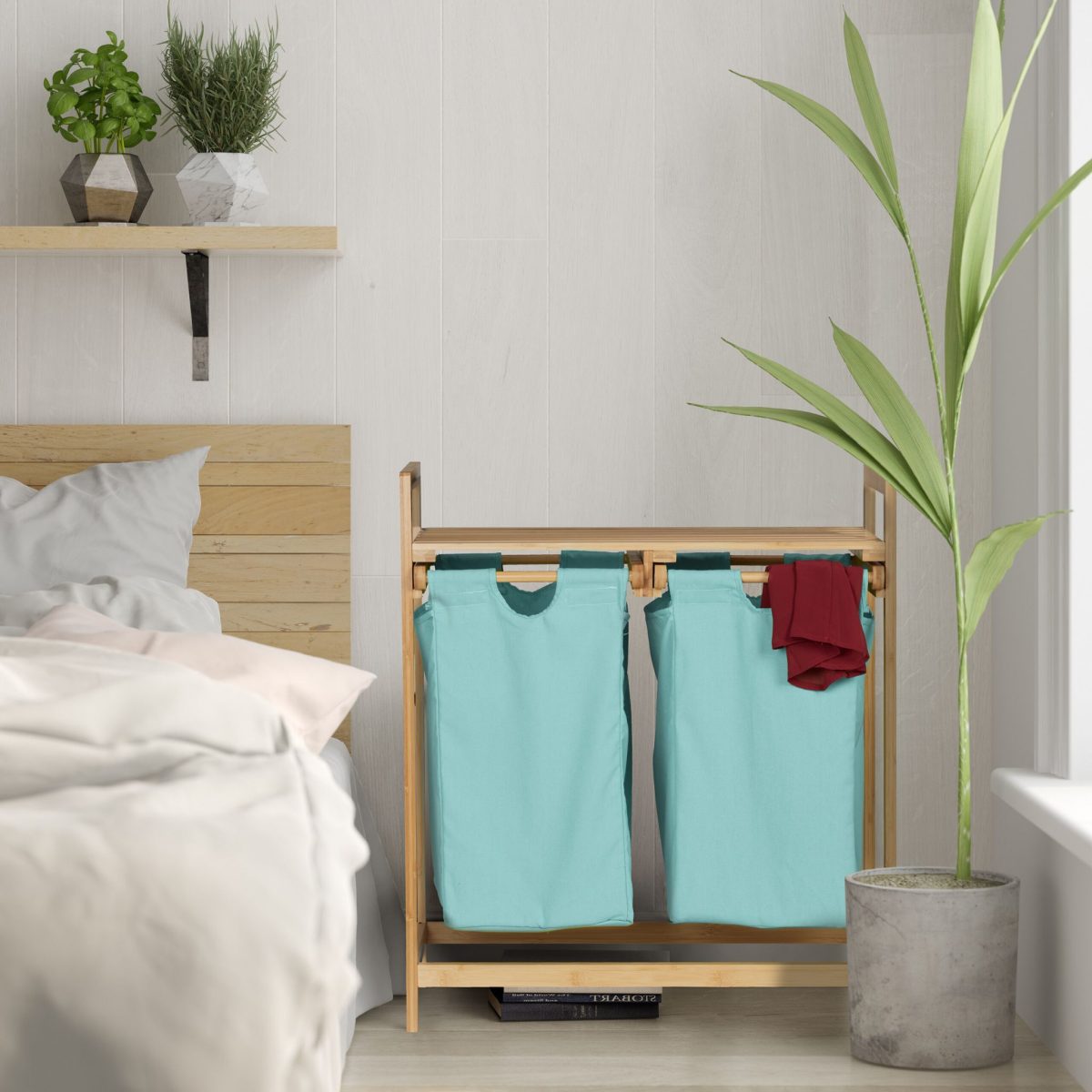 Cos de rufe, 2 compartimente si raft superior, bambus/bumbac, 73 x 64 x 33 cm, natur/albastru - imagine 5