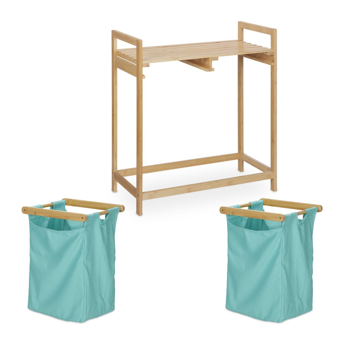 Cos de rufe, 2 compartimente si raft superior, bambus/bumbac, 73 x 64 x 33 cm, natur/albastru - imagine 6