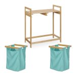 Cos de rufe, 2 compartimente si raft superior, bambus/bumbac, 73 x 64 x 33 cm, natur/albastru - imagine 6