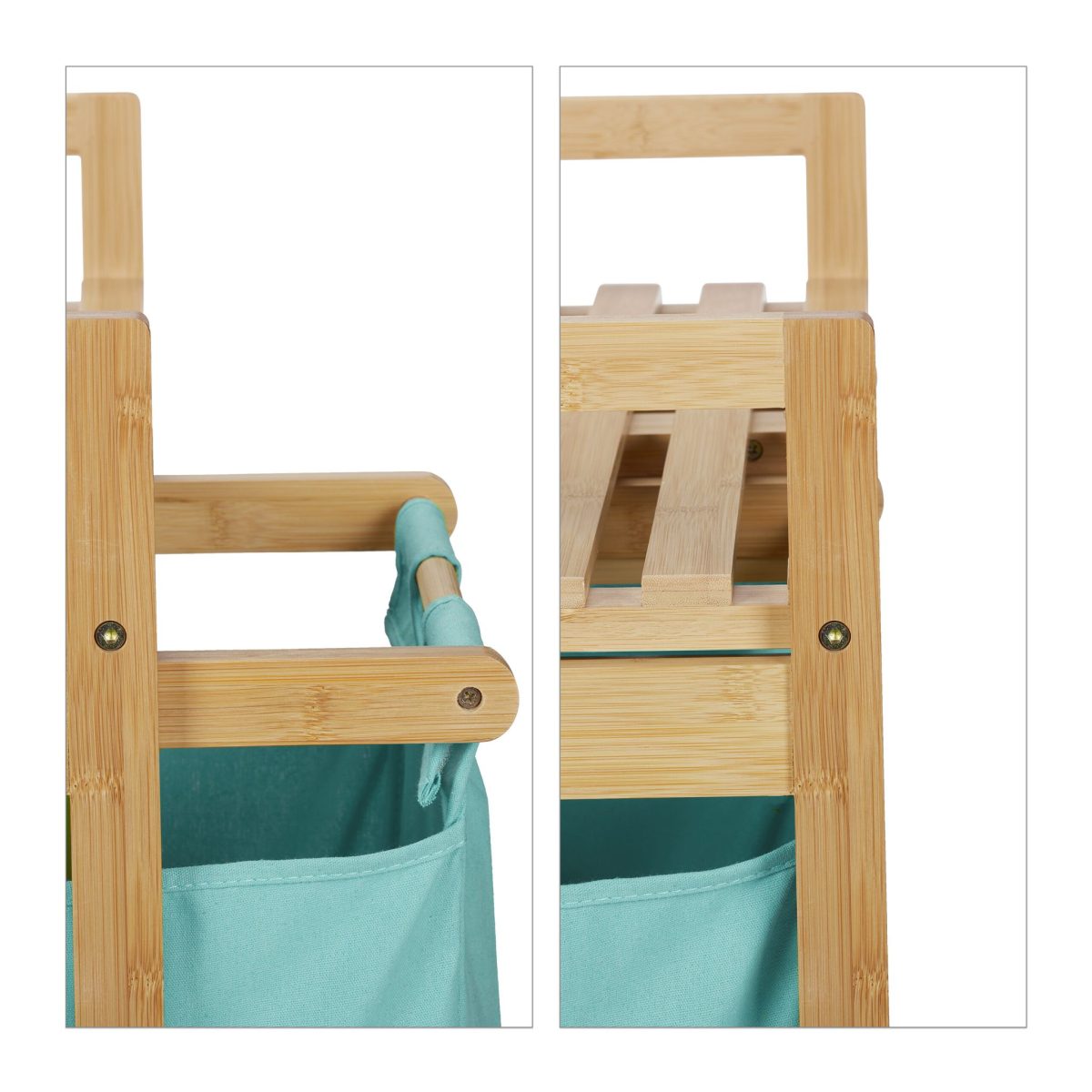 Cos de rufe, 2 compartimente si raft superior, bambus/bumbac, 73 x 64 x 33 cm, natur/albastru - imagine 7