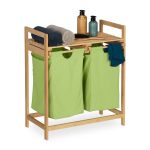 Cos de rufe, 2 compartimente si raft superior, bambus/bumbac, 73 x 64 x 33 cm, natur/verde
