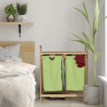 Cos de rufe, 2 compartimente si raft superior, bambus/bumbac, 73 x 64 x 33 cm, natur/verde - imagine 5