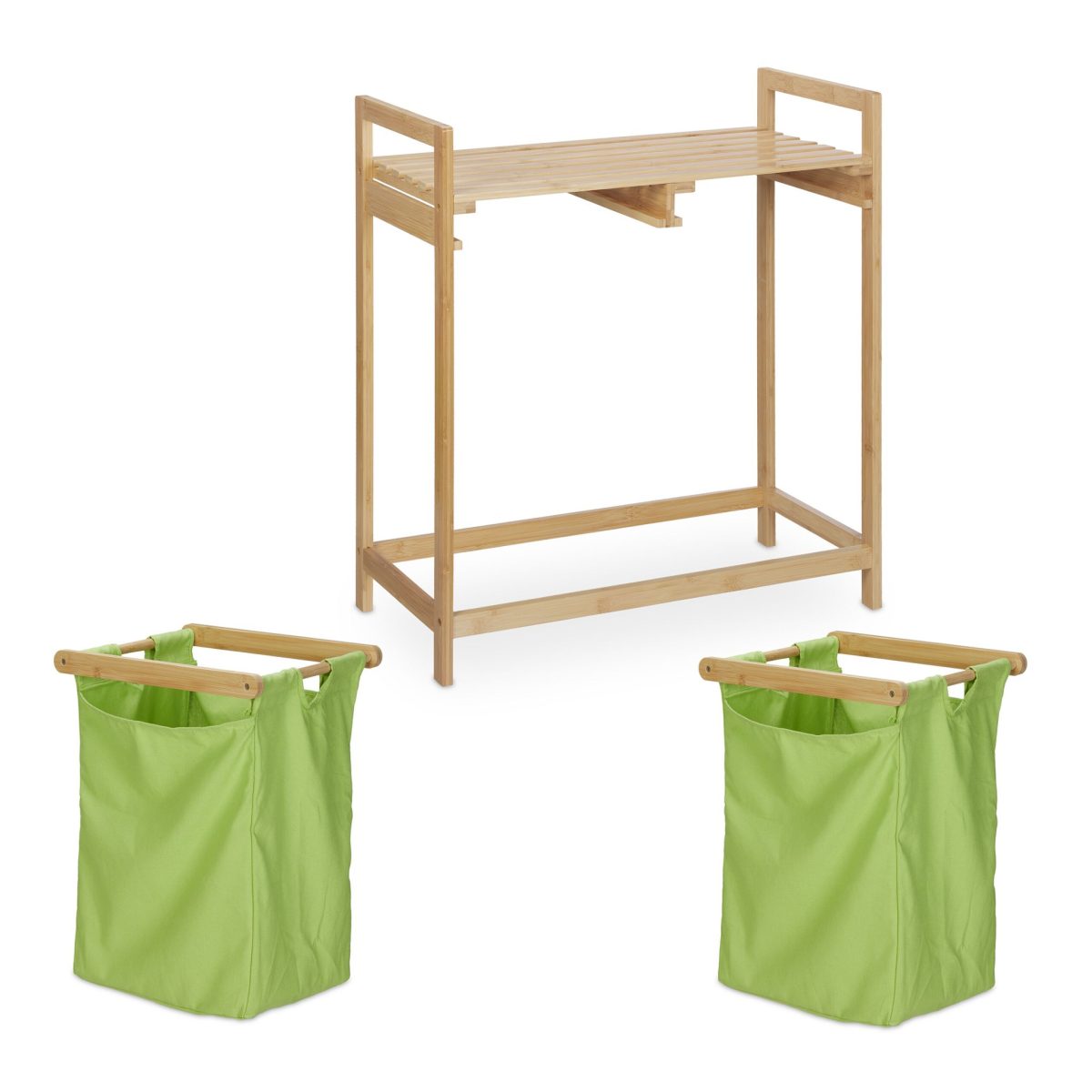Cos de rufe, 2 compartimente si raft superior, bambus/bumbac, 73 x 64 x 33 cm, natur/verde - imagine 6