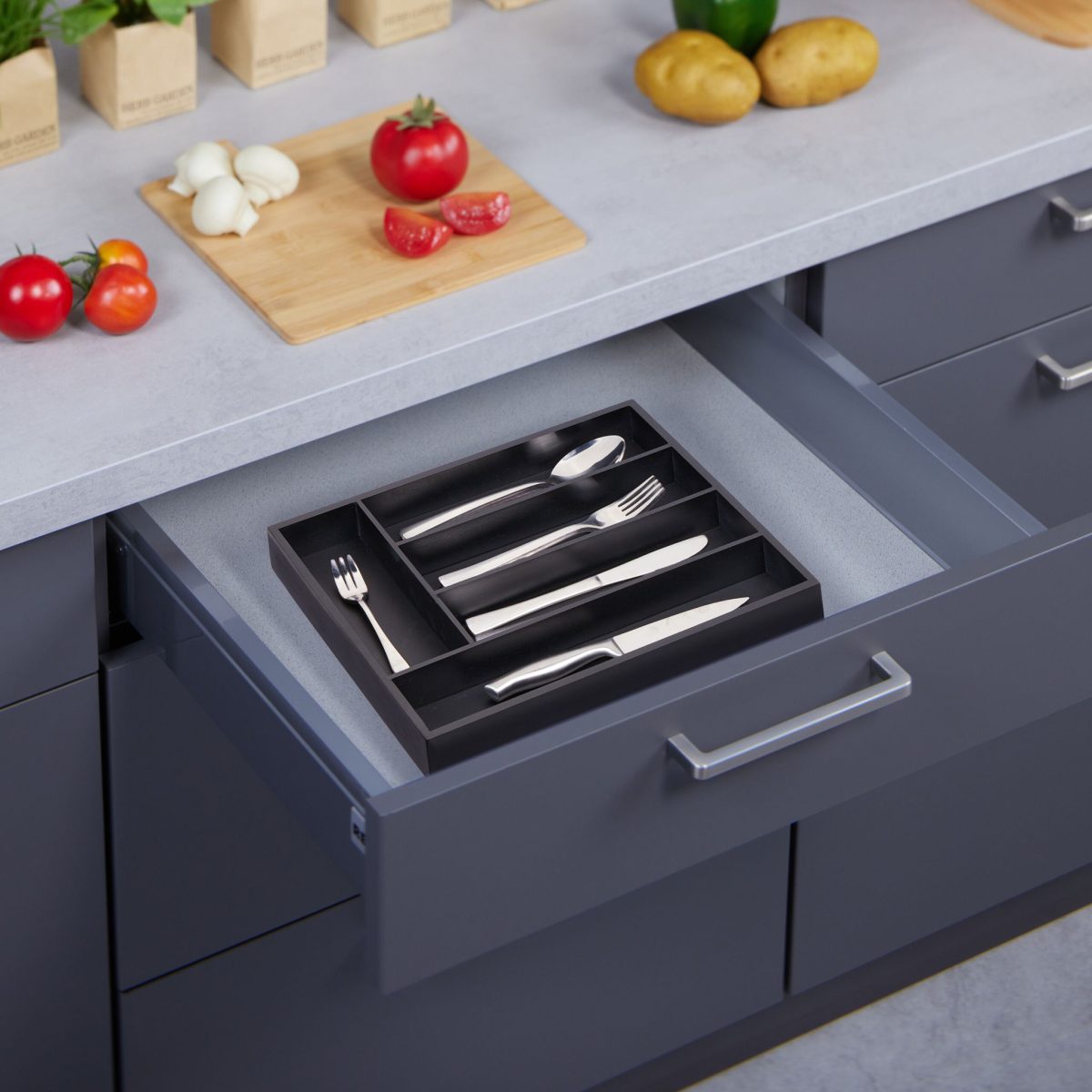 Suport extensibil pentru tacamuri, 5 compartiment, 5 x 34 x 30 cm, negru - imagine 2
