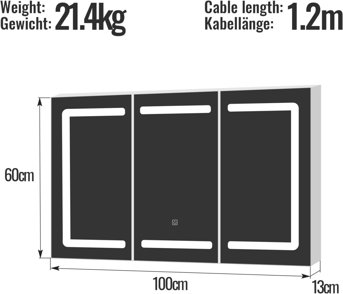 Dulap de baie cu oglinda LED, touch, lumina reglabila rece/calda/neutra, MDF/sticla, A+, 100 x 60 x 13 cm - imagine 3