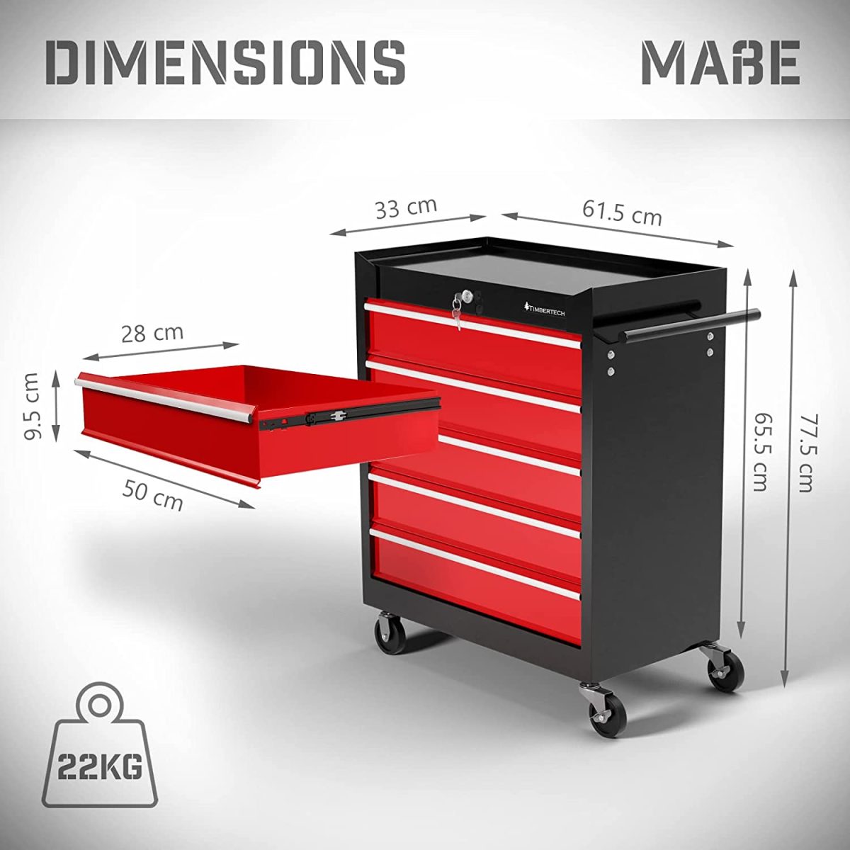 Dulap modular pe roti pentru scule, 5 sertare, blocabil, 2 chei, otel, negru/rosu, 33 x 61.5 x 77.5 cm, - imagine 9